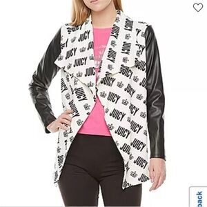 Juicy by Juicy Couture logo print jacket w/a shawl collar. Faux leather sleeves